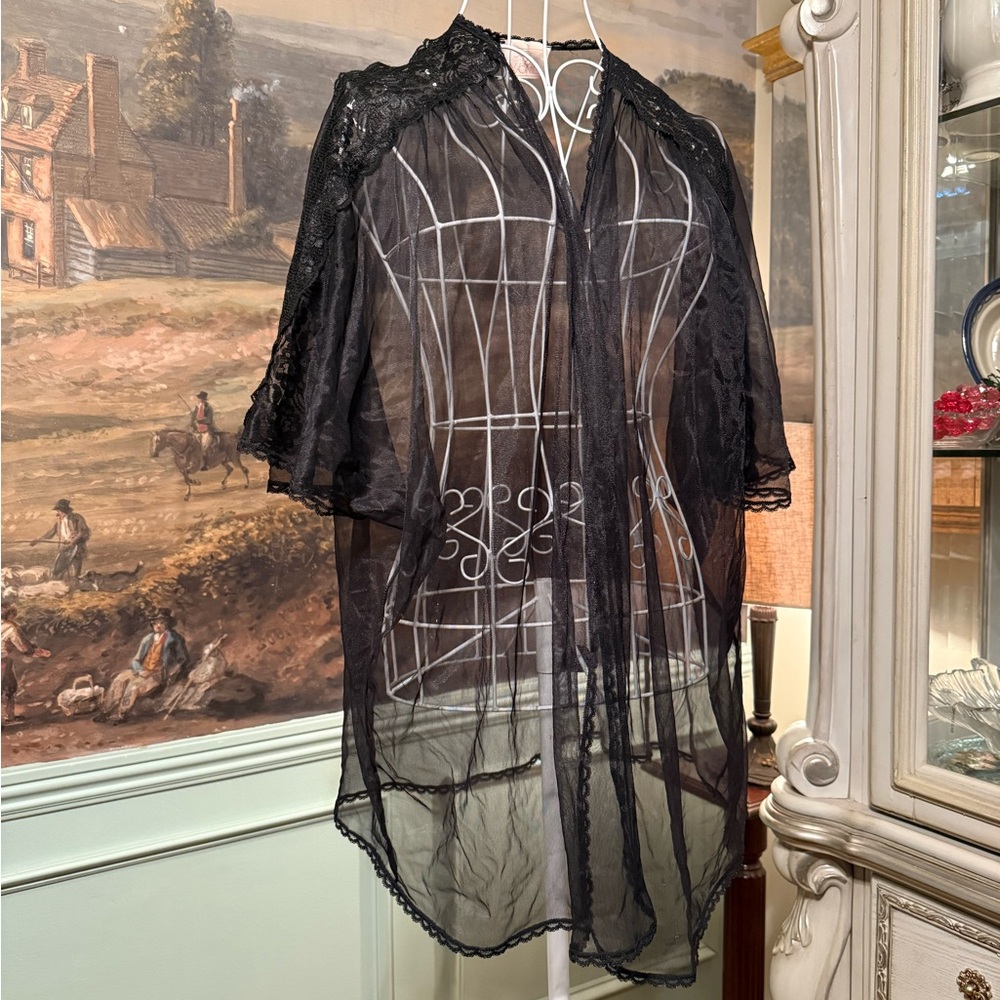 Vintage Sheer Black Lace Robe Sears Just For Women Gothic Lingerie Boudoir 1X